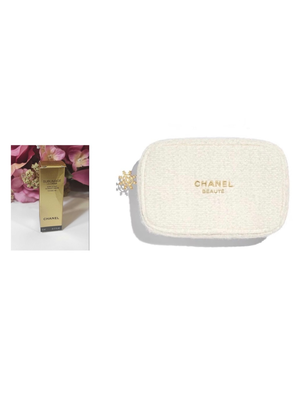 CHANEL White Textured Cosmetic Pouch with Gold Logo